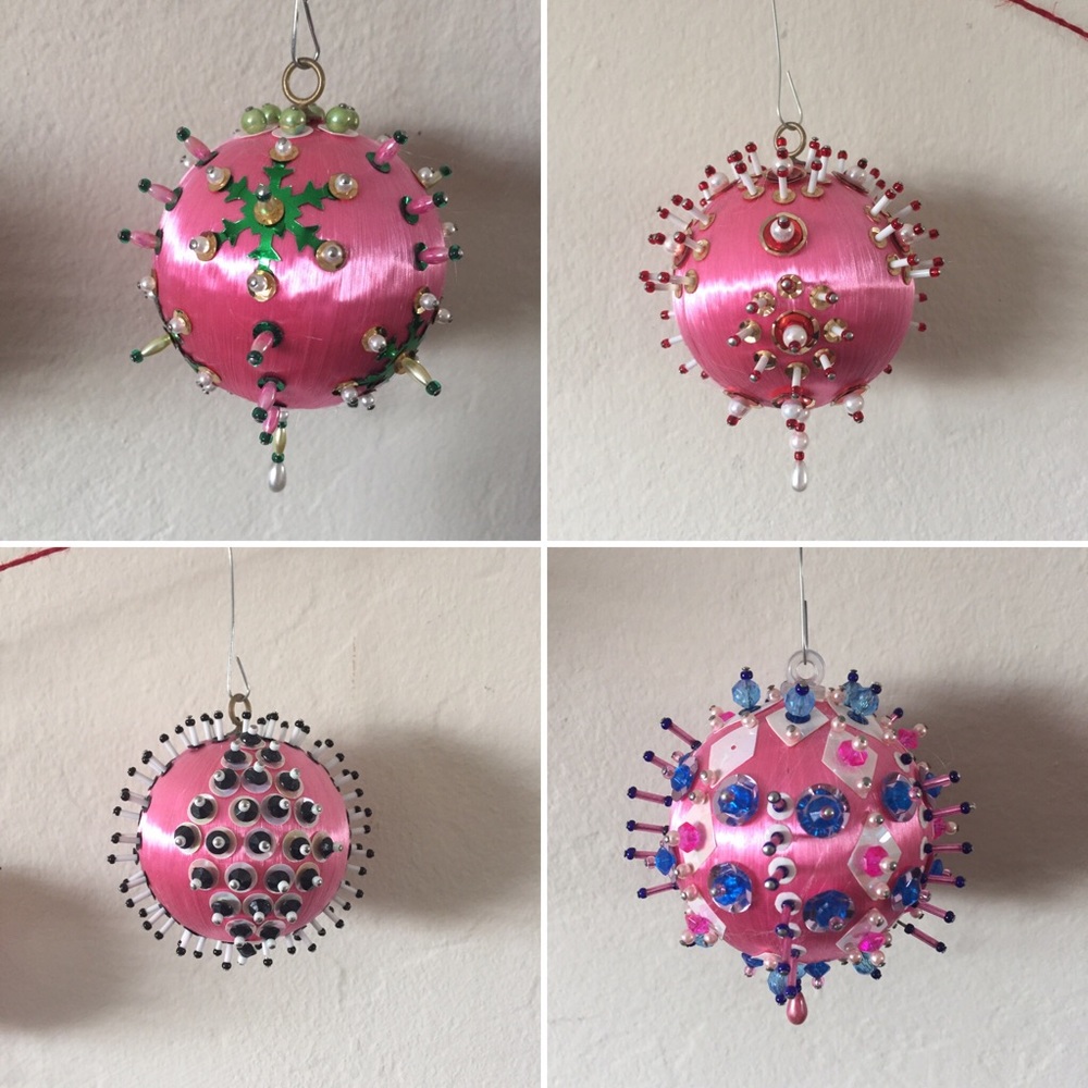 Set of 4 Vintage Pushpin Pink Ornaments midcentury